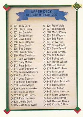 #700 Checklist: 601-700 - 1990 Upper Deck Baseball