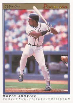 #70 David Justice - Atlanta Braves - 1991 O-Pee-Chee Premier Baseball