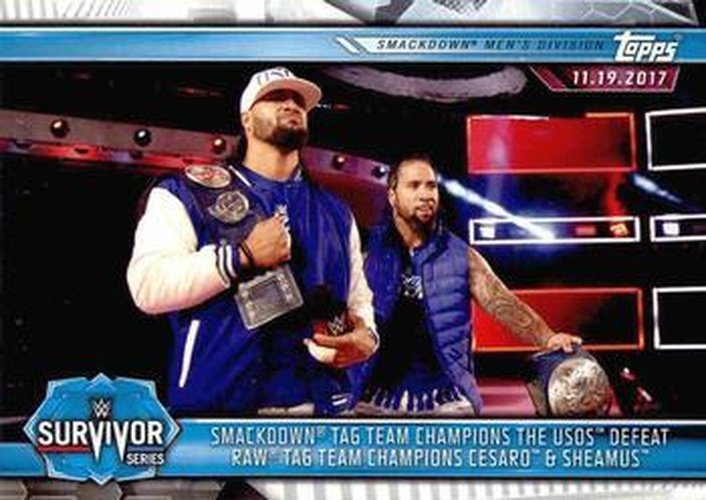 #70 SmackDown Tag Team Champions The Usos Defeat Raw Tag Team Champions Cesaro & Sheamus - 2019 Topps WWE Road to Wrestlemania Wrestling