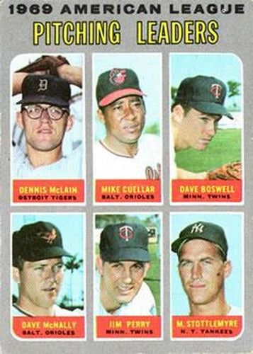 #70 1969 American League Pitching Leaders Denny McLain / Mike Cuellar / Dave Boswell / Dave McNally / Jim Perry / Mel Stottlemyre - Detroit Tigers / Baltimore Orioles / Minnesota Twins / New York Yankees - 1970 Topps Baseball