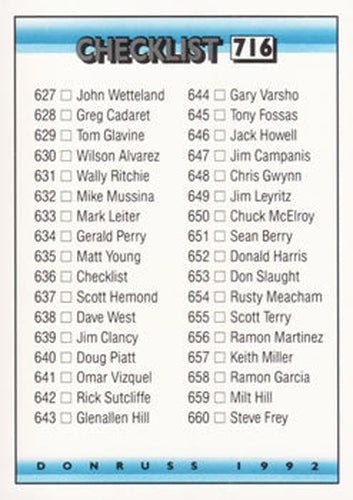 #716 Checklist 627-704 - 1992 Donruss Baseball