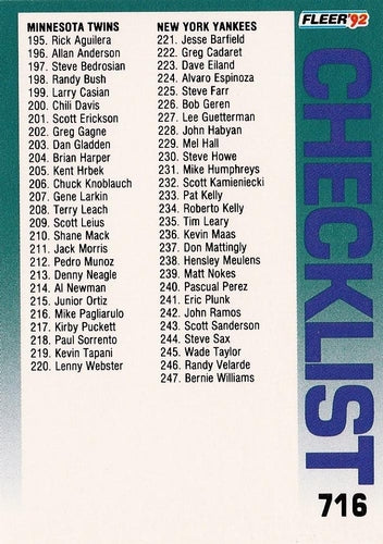 #716 Checklist: Twins / Yankees / Athletics / Mariners - Minnesota Twins / New York Yankees / Oakland Athletics / Seattle Mariners - 1992 Fleer Baseball