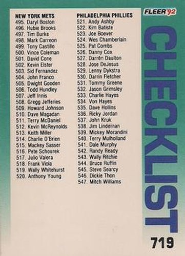 #719 Checklist: Mets / Phillies / Pirates / Cardinals - New York Mets / Philadelphia Phillies / Pittsburgh Pirates / St. Louis Cardinals - 1992 Fleer Baseball