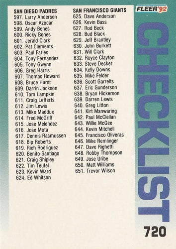 #720 Checklist: Padres / Giants / Special Cards - San Diego Padres / San Francisco Giants - 1992 Fleer Baseball