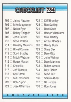 #784 Checklist 705-784 - 1992 Donruss Baseball