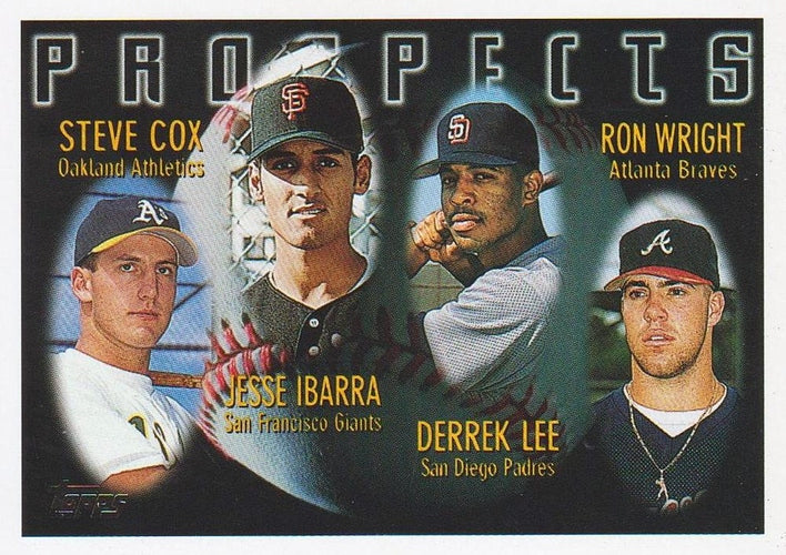 #424 Steve Cox / Jesse Ibarra / Derrek Lee / Ron Wright - Oakland Athletics / San Francisco Giants / San Diego Padres / Atlanta Braves - 1996 Topps Baseball