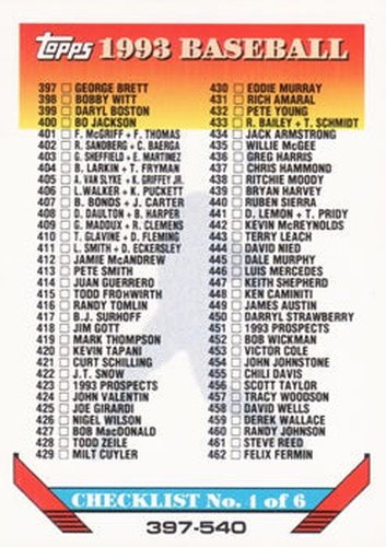 #823 Checklist 397-540 - 1993 Topps Baseball