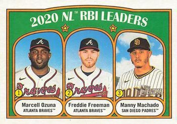 #87 2020 NL RBI Leaders Marcell Ozuna / Freddie Freeman / Manny Machado - Atlanta Braves / San Diego Padres - 2021 Topps Heritage Baseball