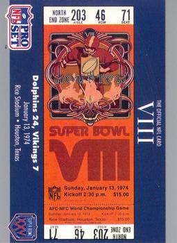 #8 SB VIII Ticket - Miami Dolphins / Minnesota Vikings - 1990-91 Pro Set Super Bowl XXV Silver Anniversary Football