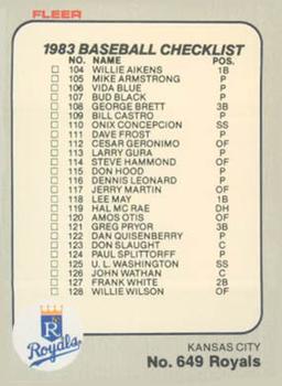 #649 Checklist: Royals / Braves - Kansas City Royals / Atlanta Braves - 1983 Fleer Baseball