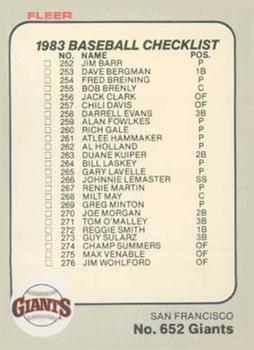 #652 Checklist: Giants / Expos - San Francisco Giants / Montreal Expos - 1983 Fleer Baseball