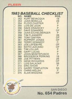 #654 Checklist: Padres / Yankees - San Diego Padres / New York Yankees - 1983 Fleer Baseball