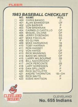 #655 Checklist: Indians / Blue Jays - Cleveland Indians / Toronto Blue Jays - 1983 Fleer Baseball