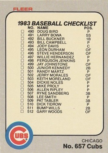 #657 Checklist: Cubs / A's - Chicago Cubs / Oakland Athletics - 1983 Fleer Baseball