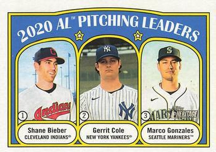#94 2020 AL Pitching Leaders Shane Bieber / Gerrit Cole / Marco Gonzales - Cleveland Indians / New York Yankees / Seattle Mariners - 2021 Topps Heritage Baseball