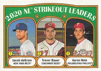 #95 2020 NL Strikeout Leaders Jacob deGrom / Trevor Bauer / Aaron Nola - New York Mets / Cincinnati Reds / Philadelphia Phillies - 2021 Topps Heritage Baseball