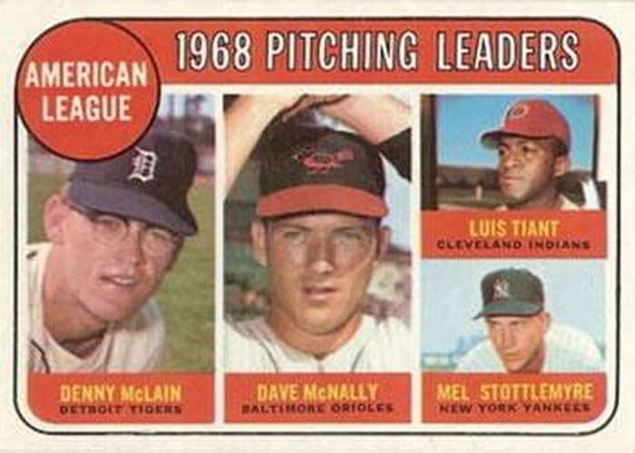 #9 American League 1968 Pitching Leaders Denny McLain / Dave McNally / Luis Tiant / Mel Stottlemyre - Detroit Tigers / Baltimore Orioles / Cleveland Indians / New York Yankees - 1969 Topps Baseball