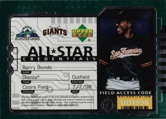 #AS18 Barry Bonds - San Francisco Giants - 1998 Upper Deck - All-Star Credentials Baseball