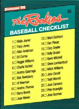 #56 Checklist - - 1986 Donruss The Rookies Baseball